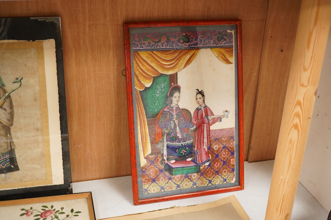 Chinese School, 19th century, Four framed pith paintings of figures boats and birds in landscapes and a Wakyosai woodblock print, largest 38 x 28cm, one unframed